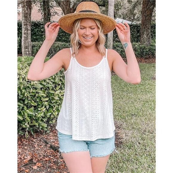 Women's Spaghetti Strap Camisole Tank Top Eyelet Embroidery Scoop Neck - Picture 5 of 6